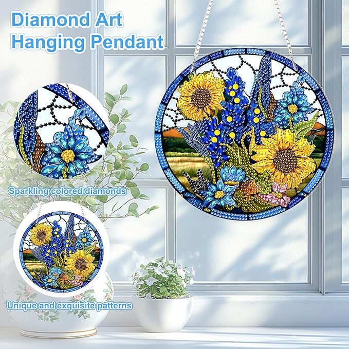 TOSTOG Diamond Art Hanging Kits for Adults, DIY Floral Diamond Painting for Adults Window Pendant, Special Shape Diamonds 5D Sunflower Diamond Painting Hanging Pendant Kit for Wall Decor Gift