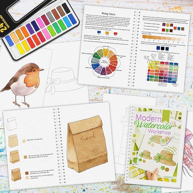 4Pcs Watercolor Workbook with Step by Step, Water Coloring Book with 48 Patterns, Beginner-Friendly Watercolor Workbooks with 24 Paint Colors, Valentine's Day Stress - Relieving Gift for Women