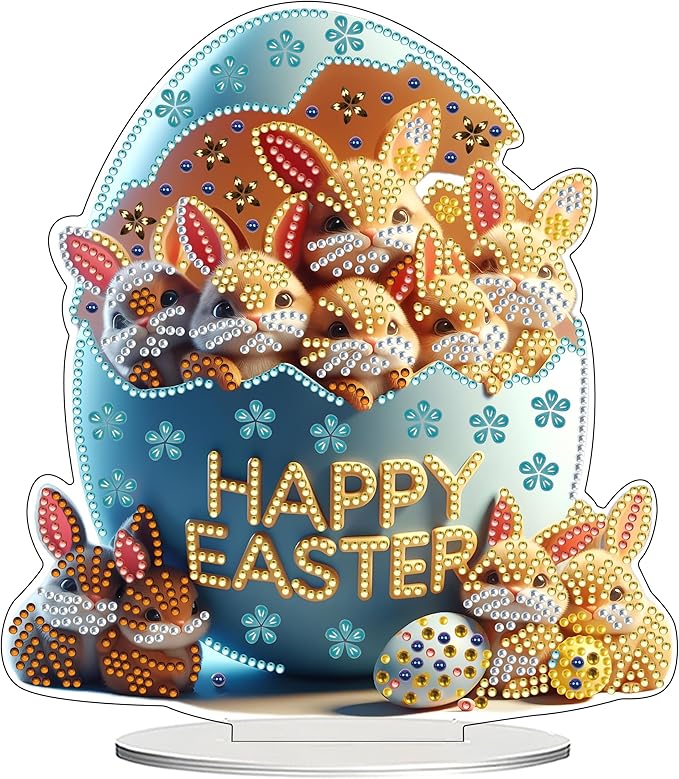 JJFox DIY Tabletop Diamond Art Painting Kit，Double Sided Desktop Ornament Special Shaped Rhinestone Desk Placement Ornament，Home Stand Up Gem Painting Craft Kit，Gift (Easter Egg Rabbit)