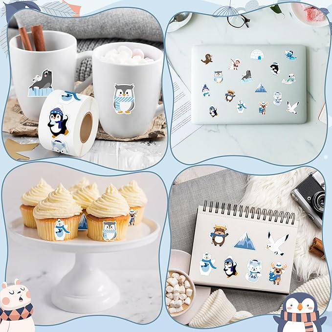 beyumi winter polar animal sticker - 1000pcs polar animal stickers in 2 rolls cute winter arctic adhesive kawaii animal decal holiday party favor supplies classroom office bottle decor