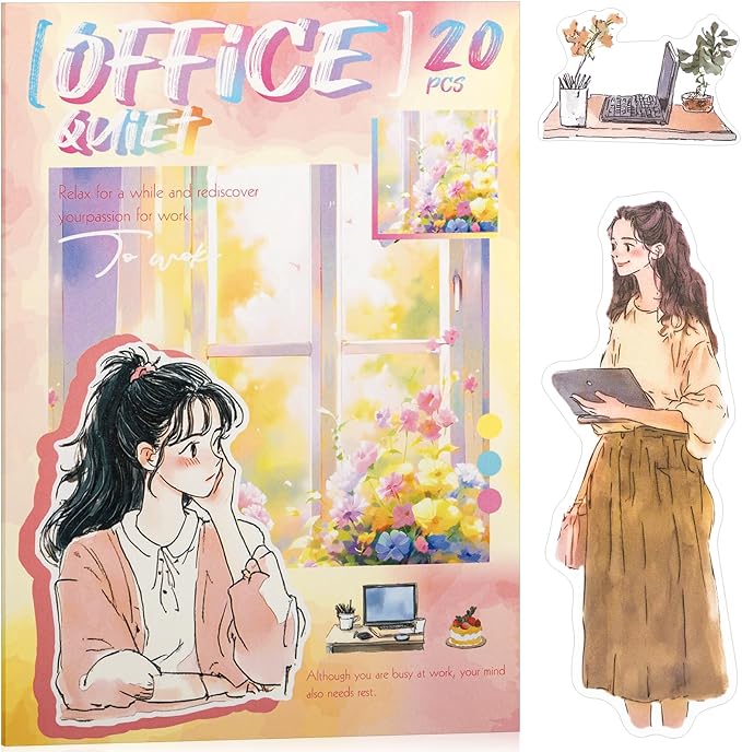 Quiet Office Sticker Scrapbooking Supplies for Junk Journal, 20 Sheets PET Stickers - Vintage Journaling Stickers, Ephemera Sticker Book Pre Cut(TZ-009-008)