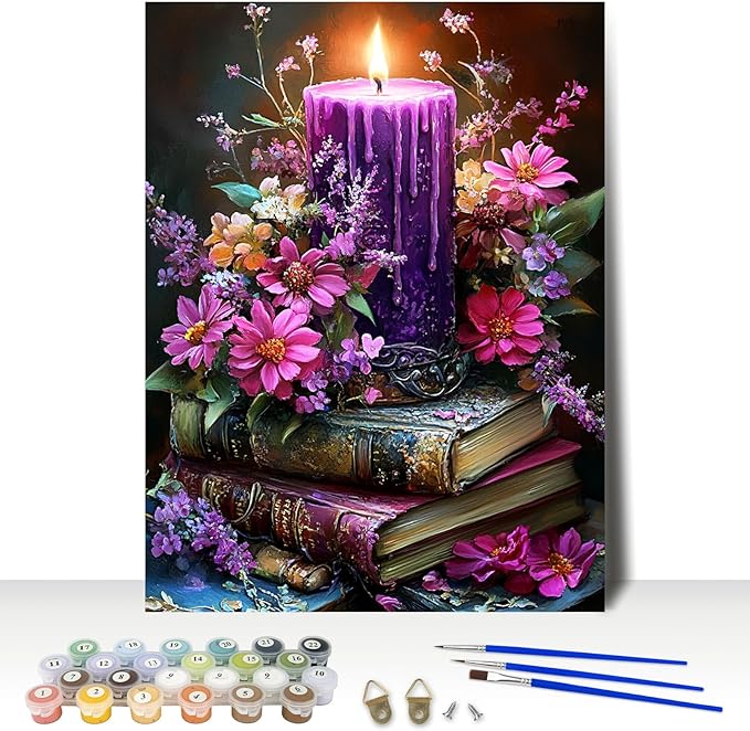 MAXBYE Books Paint by Number, Candlelight Flower Adults' Paint by Number Kits, DIY Acrylic Paint Kit for Adults Beginners Unframed, Easy Oil Paint by Numbers Canvas for Home Wall Decor 12x16inch