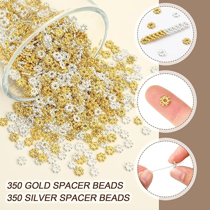 Augshy 700 Pcs Silver and Gold Daisy Flower Spacer Beads for Jewelry Making, Crafts, Hair Beads, Friendship Bracelets, Birthday Party Decorations