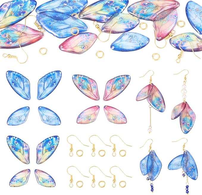 FASHEWELRY 12Pcs Resin Butterfly Wing Charms for Jewelry Making, Pastel Glitter Colorful Insects Wing Pendant Earrings Making Kit Earring Hook Jump Rings