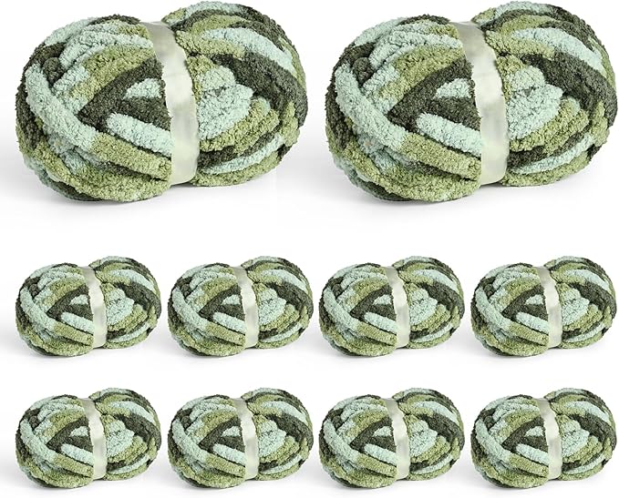 10 Pack Jumbo Chunky Yarn for Hand Knitting, Fluffy Chunky Chenille Yarn for Crocheting, Variegated Chunky Knit Baby Blanket Yarn, 240 yds /70.5 oz Super Bulky Yarn（Forest Green）