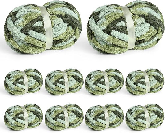 10 Pack Jumbo Chunky Yarn for Hand Knitting, Fluffy Chunky Chenille Yarn for Crocheting, Variegated Chunky Knit Baby Blanket Yarn, 240 yds /70.5 oz Super Bulky Yarn（Forest Green）