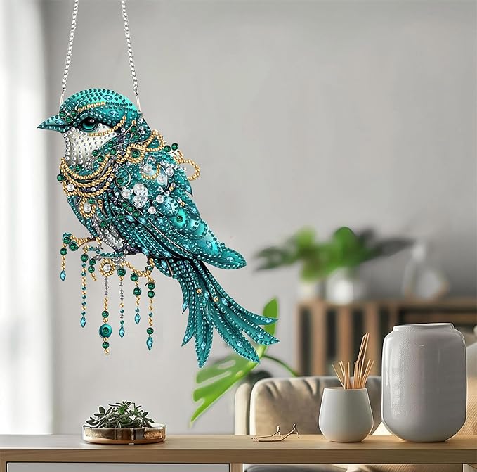 Bimkole Bird Diamond Art Hanging Kit for Adult, DIY 5D Animals Diamond Art Painting Window Pendant, Acrylic Crystal Art Hanging Ornament for Wall Home Garden Front Door Decor - 7.8x7.8 Inch
