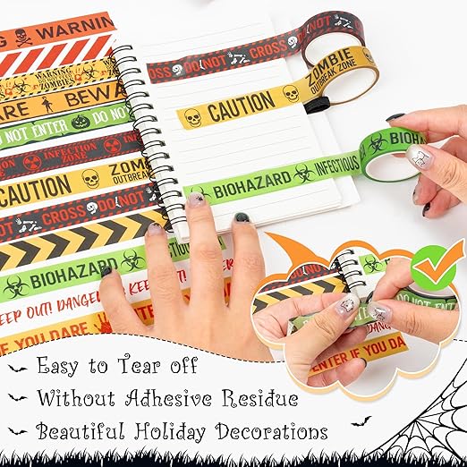 12 Rolls Halloween Washi Tapes, 15 mm Wide Halloween Zombie Caution Creepy Scary Hazard Warning Paper Tape, Horror Decorative Tapes for Scrapbooks, Journals, Haunted House Party Supplies
