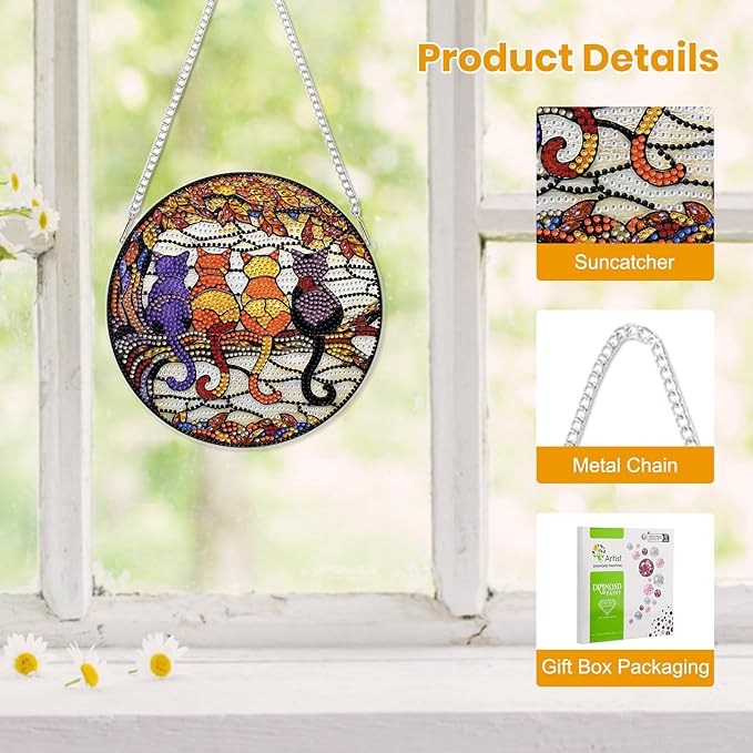 EOBROMD Diamond Hanging Art Kits for Adults, 4 Cats on Branch Diamond Art Painting Suncatcher, DIY Special Shaped Rhinestone Kits for Adults, Window Pendants Home Garden Wall Hanging Ornament