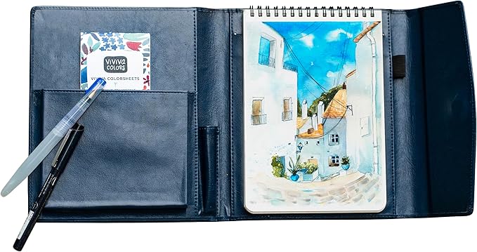 Viviva Colors Watercolor A5 Travel Paint Set - Travel Watercolor Kit with 16 Watercolors, A5 Ivory Sketchpad, Leather Case, Waterbrush, & Black Marker - Fun, Vibrant, No Mess Portable Travel Art Kit for Adults & Kids