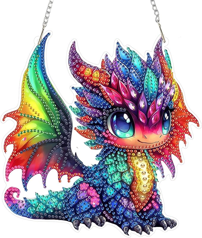 RICUVED Hanging Diamond Art Painting Kit, Special Shaped Crystal Gem Diamond Painting Pendant Kit for Adults Beginners, DIY Colorful Dragon Hanging Diamond Art Ornament Kit for Home Garden Wall Decor