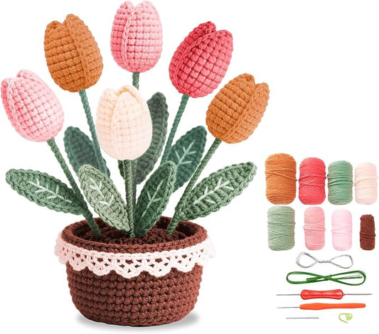 ADDZRZR Tulip Crochet Plants Kit for Starters, Complete Easy Crochet Set for Beginners Adults with Step-by-Step Tutorials, Unique Friend Gifts for Women