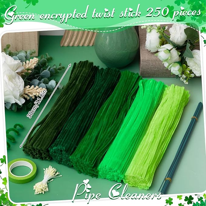 Peryiter 371 Pipe Cleaners Flowers Set, Mixed Colors Chenille Stems Bulk with Floral Wires, Gardening Tape, Stamen for DIY Flower Making Kit, Gift Idea for Mother's Day(Green)