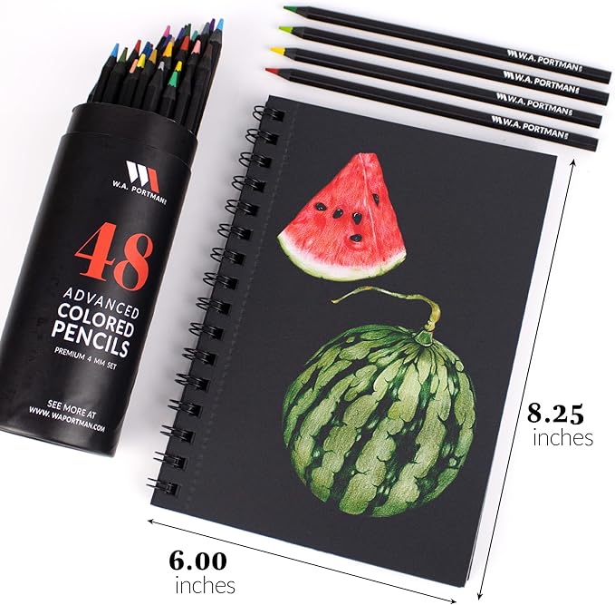 wa portman black paper sketchbook a5 (6" x 8.25") – 140 gsm acid-free black sketchbook for drawing – 60 pages (30 sheets) drawing pad journal – mixed media sketch pad for kids & adults