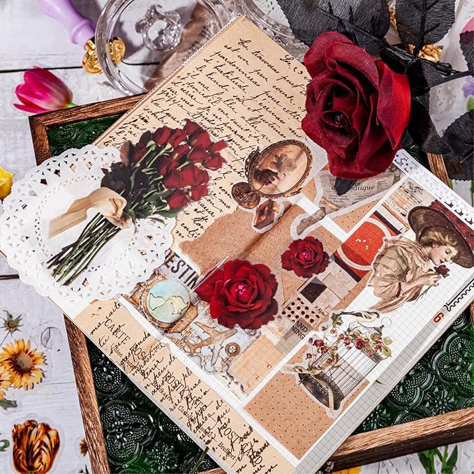Teozeqe 186 PCS Premium Flower Scrapbook Kit – 90 PCS Big Realistic Floral PET Stickers & 96 PCS Vintage Paper for DIY Crafts, Bullet Journals & Scrapbooking 3 x 4.7 (6 in 1)