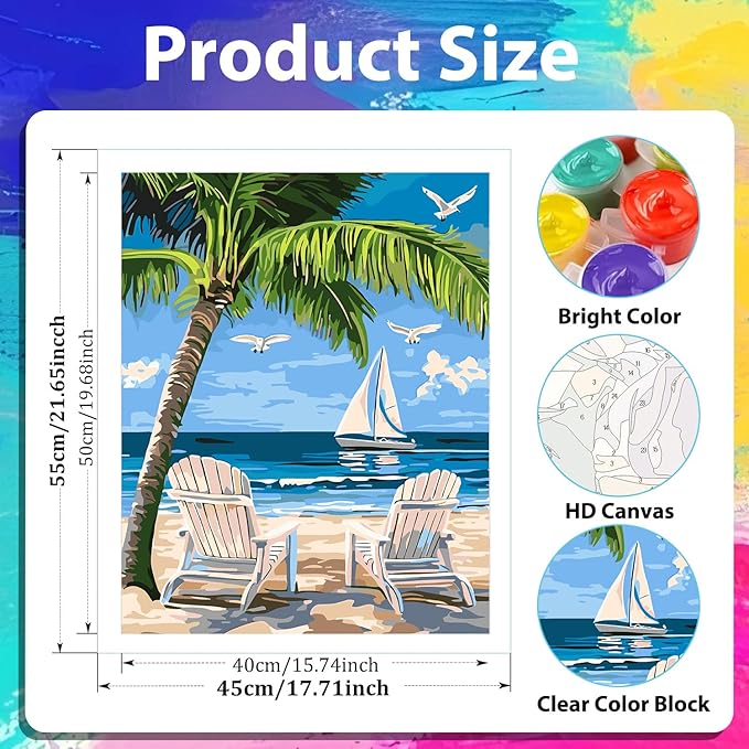 xcemhil Beach Paint by Numbers Kit for Adults, Paint by Number Palm Tree, Seaside Paint by Numbers Kit for Adults Beginner for Gift and Home Wall Decor 16x20 Inch
