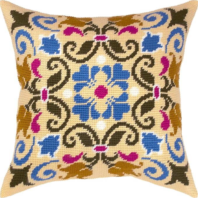 Brvsk Ornamental Needlepoint Kit for Adults and Beginners — Byzantine 16″ × 16″ with Clear, Precise Printed Design on Cotton Canvas; Includes 2 Needles, Yarn, and Easy-Read Chart