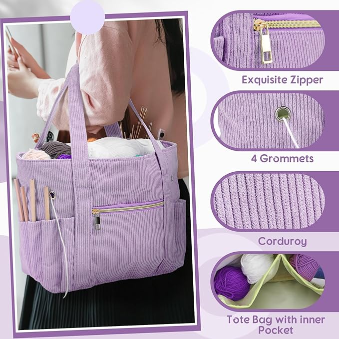 Bulyoou 2 Pcs Crochet Bag and Tote Set Corduroy Yarn Bag Crochet Tote Bag for Crochet Hooks Organizer Yarn Holder for Crochet Lovers Knitting Bag Crochet Accessories(Purple)