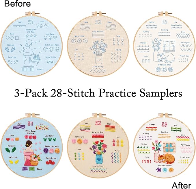 Nuberlic 3 Pack Embroidery Kit for Adults Beginners - Learn 28 Stitches Practice Samplers Starter Cross Stitch Kit DIY Needlepoint with Hoop, Color Threads, Needles and Step-by-Step Instructions