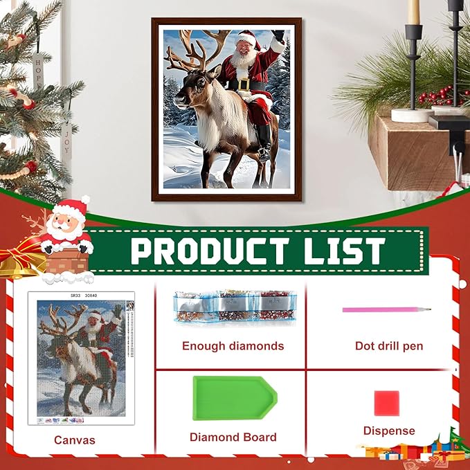 EMIEAUFG Christmas Diamond Art Kits for Adults, Santa Deer Diamond Paiting Kit for Beginners, 5D DIY Round Full Drill Craft Diamond Dot Gem Art, Home Wall Decor 12" x 16"