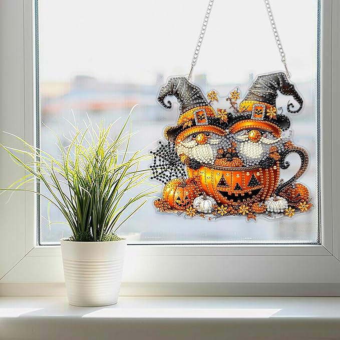 SENQAO Halloween Diamond Art Hanging Kits for Adults Beginners, DIY Acrylic 5D Special Shaped Crystal Diamond Gem Art Painting Hanging Ornament for Home Wall Decor and Gift（Gnome Pumpkin Cup）
