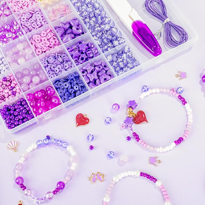 Goldwise Jewelry Making Bead Kit for Adults – Purple Glass & Clay Beads with Letter Beads and Charms, DIY Bracelets & Fashion Accessories Supplies