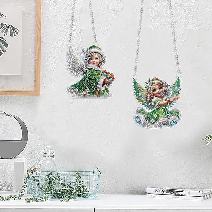 LazyFold 2 Pcs DIY Acrylic Diamond Art Painting Pendants Kits, Angel Special Shaped Rhinestone 5D Diamond Art Window Pendants Home Garden Wall Hanging Ornament Kits Gifts
