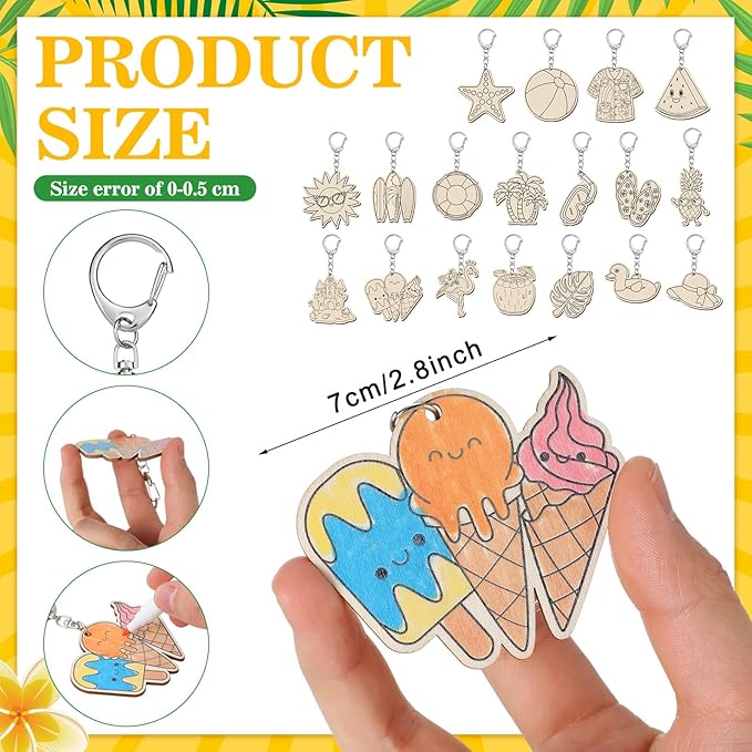 Trnayi 36 Pcs Summer Unfinished Wooden Keychains Color Your Own Beach Fruit Keychains Tropical Hawaiian Luau Blank Wood Painting DIY Crafts for Summer Party Activities Arts Project Decor