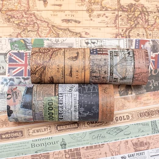 YUBX Vintage Washi Tape Set 10 Rolls Wide Decorative Antique Map Stamp Newspaper Masking Tapes for Arts, DIY Crafts, Journals