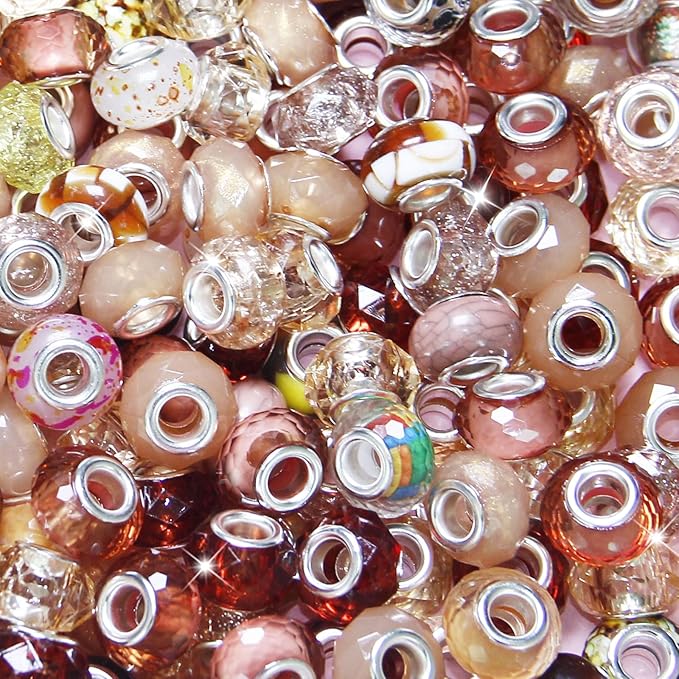 60Pcs Large Hole Beads Champagne Assorted European Craft Big Beads Large Hole Lampwork Murano Bead Fairy Wand Garden Bead for DIY Bracelet Necklace Jewelry Making Decoration Supplies