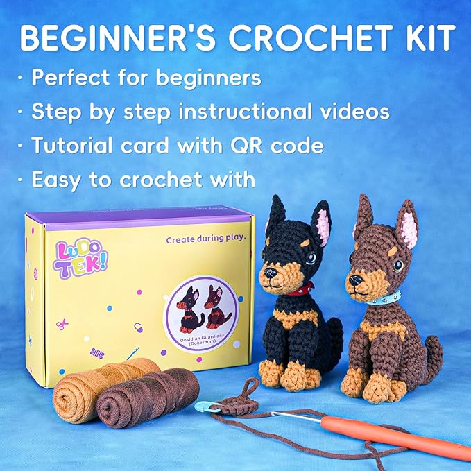 LUDOTEK Crochet Kit for Beginners, Crochet Animal Kits,Crocheting Kit for Starters with Step-by-Step Video Tutorials, Beginner Crochet Kits for Adults(2 Pack Doberman)
