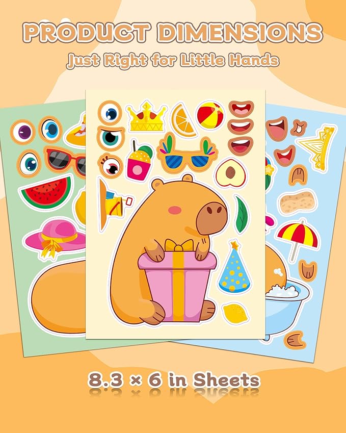 aowplc capybara make-a-face stickers, 32 sheets for kids’ crafts, fun capybara party favors & birthday decorations