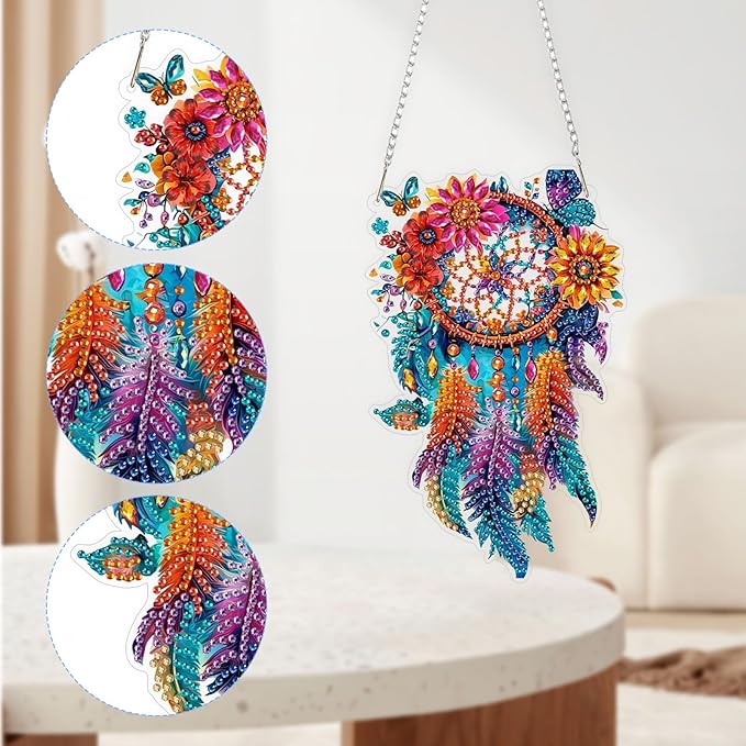 QENSPE Dreamcatcher Diamond Art Hanging Kits for Adults, 5D Special Shape Diamond Paingting Ornaments Kits with Chain, DIY Crystal Window Pendants for Home Garden Wall Decor Double Sided 8X8 inch