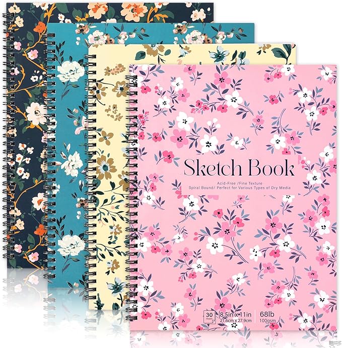 4 pack sketch book, 8.5 x 11inch sketchbook, 68lb/100gsm spiral bound sketch pad, acid free art supplies drawing painting sketching paper for woman artists (30 sheets each)