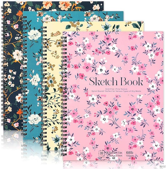 4 pack sketch book, 8.5 x 11inch sketchbook, 68lb/100gsm spiral bound sketch pad, acid free art supplies drawing painting sketching paper for woman artists (30 sheets each)