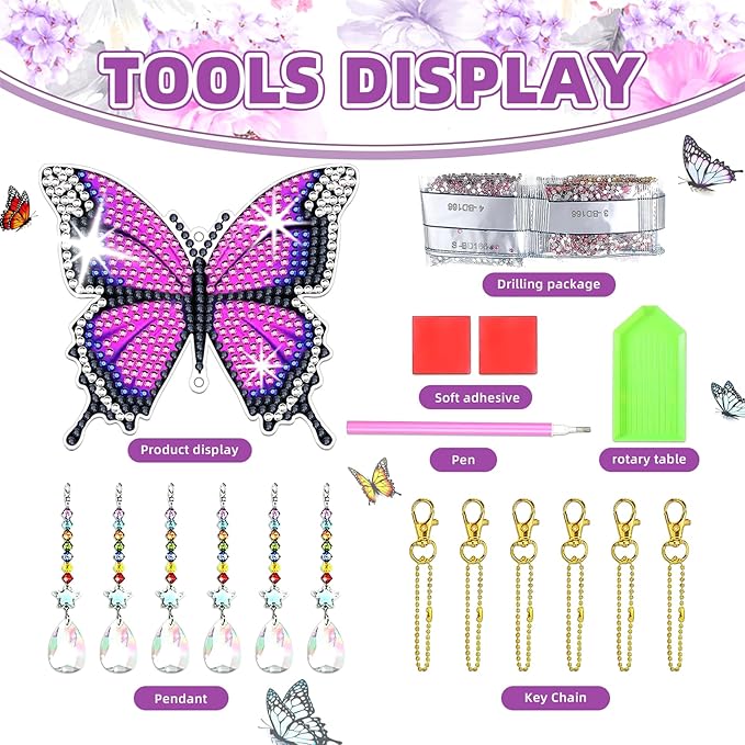 6 Pcs Diamond Painting Butterfly Wind Chimes Kits 5D DIY Crystal Diamonds Painting Suncatcher Christmas Ornament Double Sided Diamond Art Keychains Pendant Best Gifts for Mom