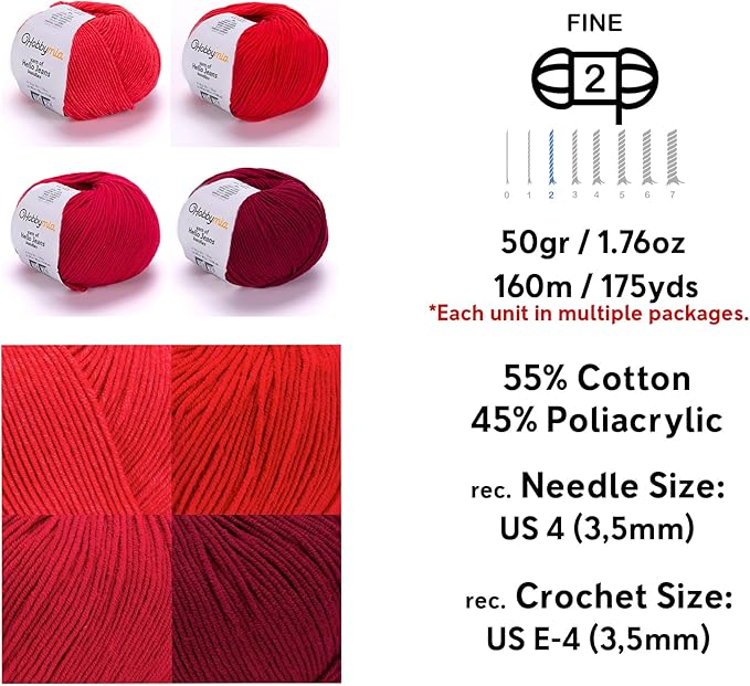 Cotton Yarn Kit - 4 Multicolor Balls Soft Sport Weight Yarn for Crochet & Amigurumi - 50g / 175yds Each & 10 Stitch Markers (H19 - Red)