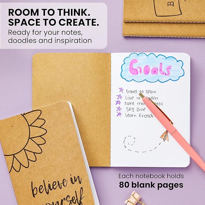 Kraft Notebooks Bulk, 80 Blank Pages, 4 x 5.75 in Mini Journals for Writing, Drawing, Doodling, Student Gifts, Teacher Appreciation, Classroom Supplies, Small Notebook Set - 24 Pack
