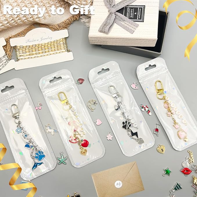 HejVulkan 588 PCS Keychain Making Kit with Charms, Gold and Silver Keychain DIY Kit with Jewelry Chains, Charms, Key Chain Clips, Letter Beads, for Key Chain Making Supplies DIY Crafts