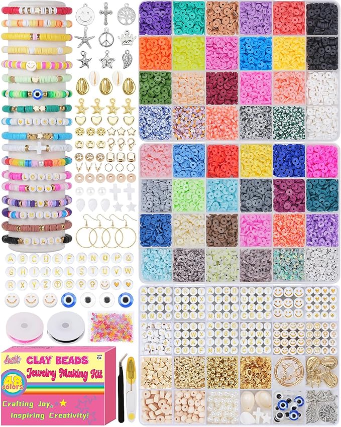 LovelyMoon Clay Beads Bracelet Making Kit 3 Box 48 Colors Friendship Bracelet Kit with Flat Beads Jewelry Making Kit with Charms for Adults Arts and Crafts DIY Gifts for Women Girls Teens