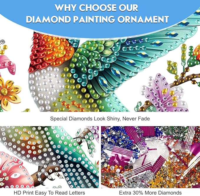 Hanging Diamond Art Kit for Adult, Hummingbird, 5D Special Shaped Rhinestone Diamond Painting Ornament, Hummingbird Flowers, DIY Acrylic Diamond Art Painting Window Pendants Home Garden Wall Decor
