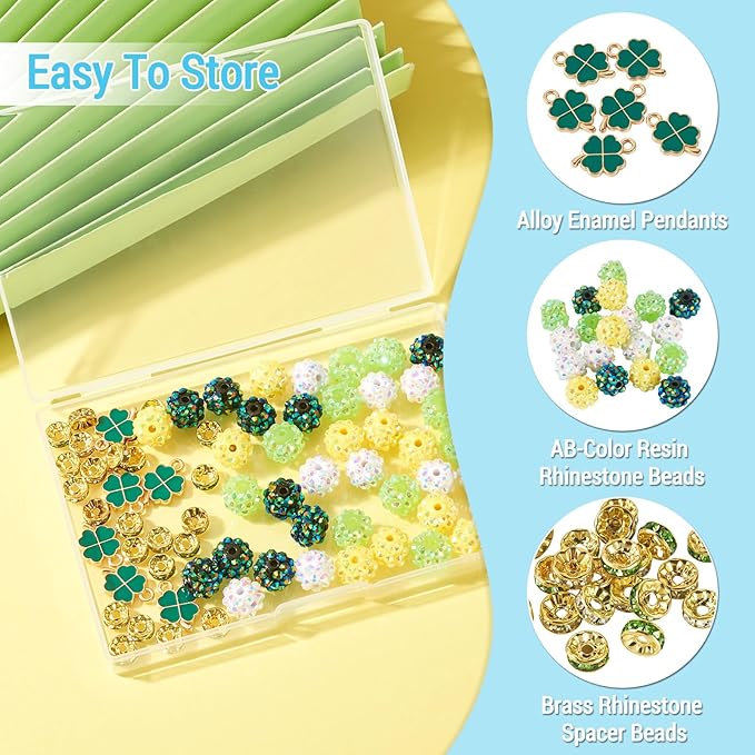 Cheriswelry St.Patrick's Day Jewelry Making Kit Green Clover Four Leaf Pendants Clay Disco Ball Beads Flat Round Rhinestone Spacer Bead for DIY Bracelet Necklace Earring Crafts 137Pcs/Set