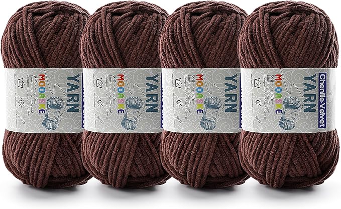 4 Pac Chenille Yarn for Crocheting - Blanket Yarn for Crocheting - Fluffy Yarn for Crochet, Baby Yarn for Crocheting Soft Blankets Weight Per Roll 50g/1.76oz, Length 60m/65yard (Dark Coffee)
