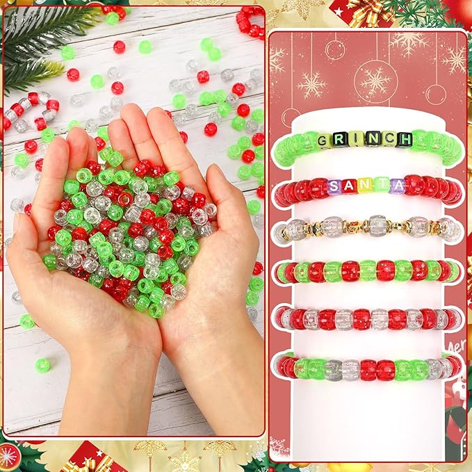 UPINS 1200Pcs Christmas Glitter Pony Beads Bulk for Necklace Bracelets Earrings Jewelry Making Christmas Party Decoration Supplies DIY Craft Hair Beads
