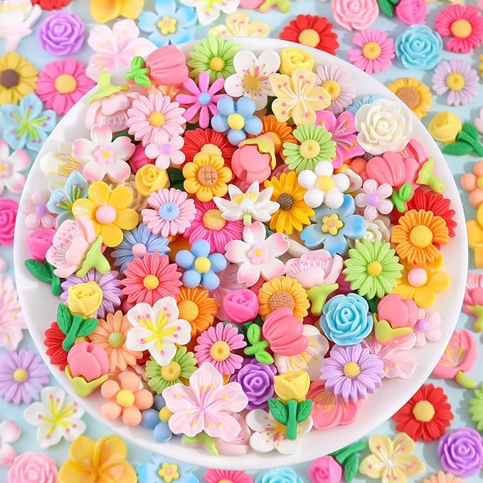 100PCS Flower Slime Charms Cute Flatback Resin Charms for Slime, Kawaii Random Decoden Charm for Embellishments Phone Junk Case Charms Bulk,Hairpins Scrapbooking Crafting DIY Decor
