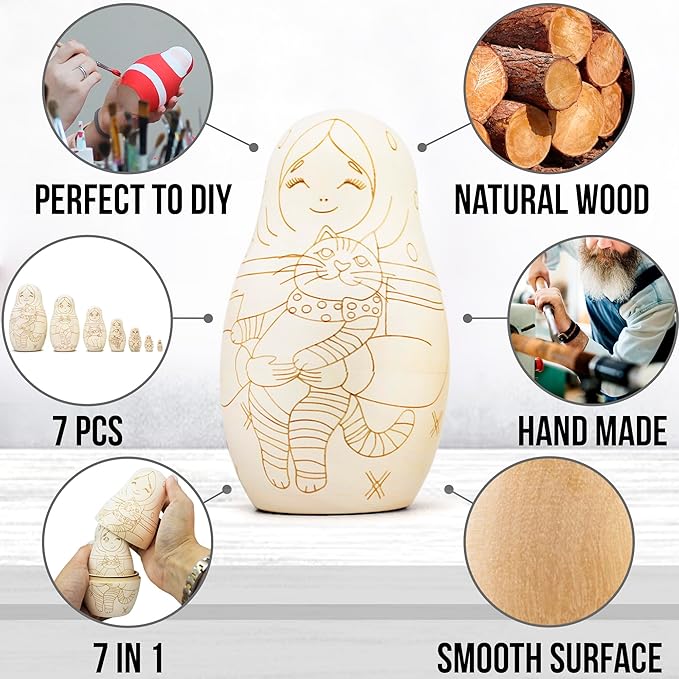 Matryoshka Unfinished Wood Crafts DIY Projects Unpainted Nesting Dolls, Blank Nesting Dolls Wooden Matryoshka for Activities Birthday Gift DIY Enthusiasts