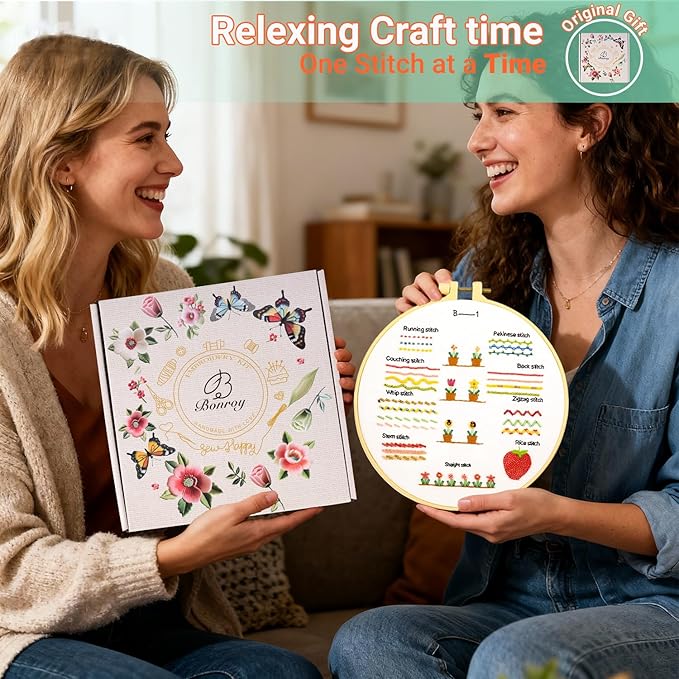 bonroy bead embroidery kit for adults beginners, learn to embroider 26 stitches, stitches kit, bead embroidery kit, beginner embroidery practice with step-by-step guide & video