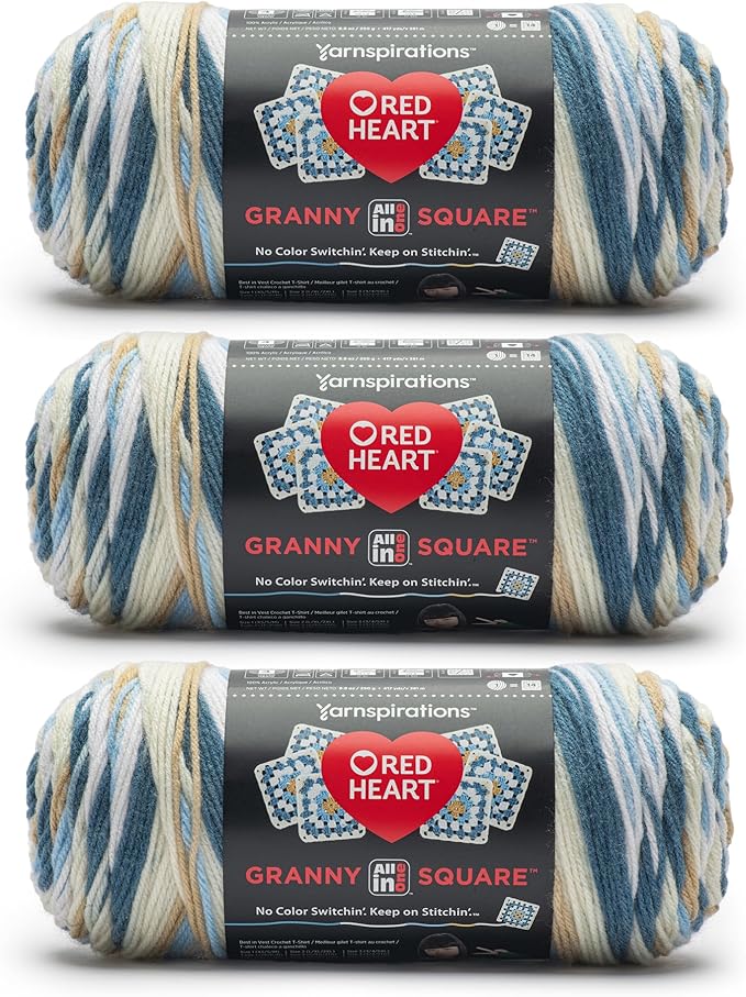 Red Heart All in One Granny Square Aran - Soft Sky Yarn - 3 Pack of 250g/8.8oz - 100% Acrylic - #4 Worsted (Medium) - 381m/417Yards - for Knitting, Crochet and Amigurumi