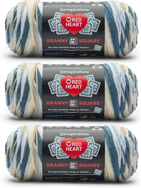 Red Heart All in One Granny Square Aran - Soft Sky Yarn - 3 Pack of 250g/8.8oz - 100% Acrylic - #4 Worsted (Medium) - 381m/417Yards - for Knitting, Crochet and Amigurumi