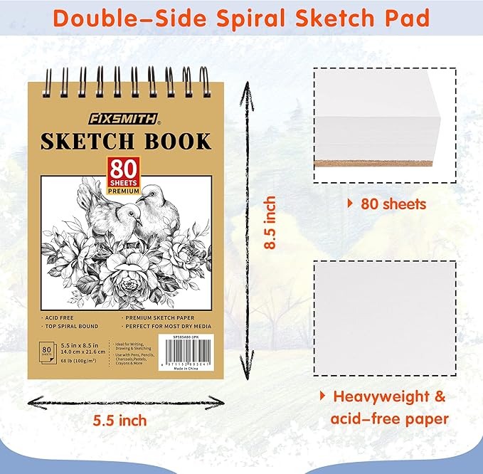 fixsmith 5.5"x8.5" sketch book | 80 sheets (68 lb/100gsm) sketchbook | top spiral bound artist sketch pad | acid free drawing pad | ideal for kids, beginners, artists & painters | bright white